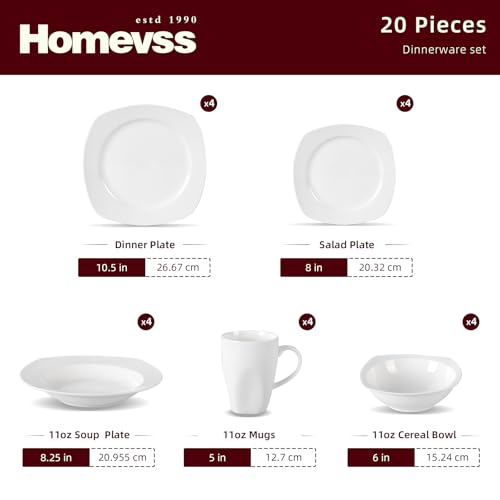 HomeVss, New Bone China Dinnerware Set, Coupe Square Shape, 20pc Set - color: Square Coupe, size: Service for 4 - 20pc Set