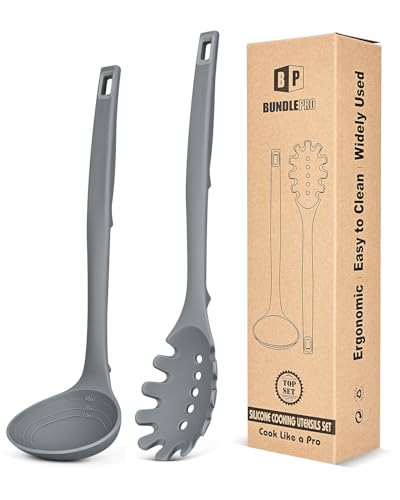 Silicone Pasta Fork and Soup Ladle Set, Heat Resistant Non Stick Kitchen Utensils with Back Hooks, Suitable for Cooking, Stirring, Serving Spaghetti, Soup, Sauce (GRAY) - color: Gray