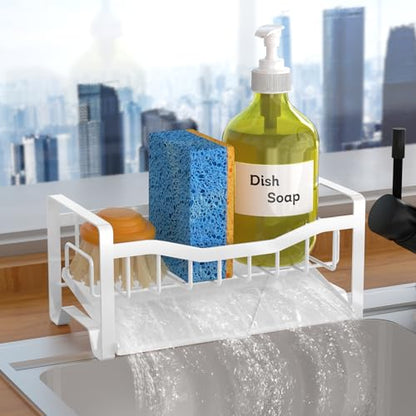 Stainless Steel Kitchen Sink Caddy Organizer with Auto Drain Tray, Sponge Holder for Countertop Storage (White) - color: White