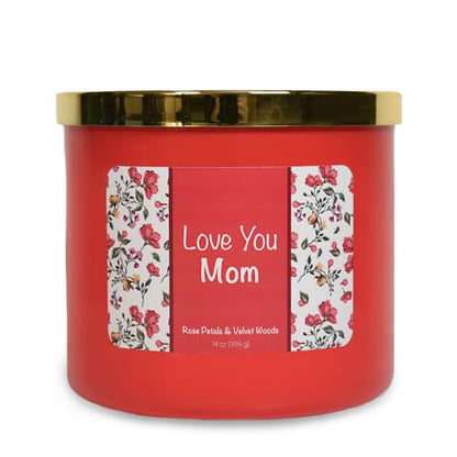 Colonial Candle Love You Mom Candle, 14 oz Rose Petals & Velvet Woods Scented, 3 Wick - Mothers Day Gifts for Mom, Made in the USA - color: Love You Mom