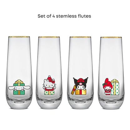 JoyJolt Hello Kitty and Friends Holiday Stemless Flutes, 9.5oz Drinking Glasses Set of 4, Kawaii Sanrio Hello Kitty Kitchen Glass Set Ideal for Water Juice Smoothies, Skinny Tall Glasses - style: Hello Kitty and Friends