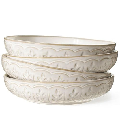 Pasta Bowls, 50oz Large Salad Serving Bowls, 9.75'' Plates Bowls Set of 4, Big White Ceramic Soup Bowls for Kitchen, Embossment Shallow Dinner Bowl, Microwave Dishwasher Safe, Wheat Leaf - color: White (Wheat Leaf)