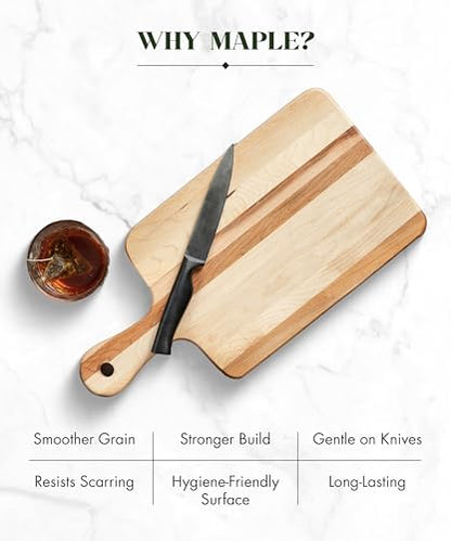 Labell Canadian Maple Wood Cutting Board with Handle, 8 x 16 x 0.75 in | Charcuterie Serving Board, Stain Resistant, Flat Paddle, for Meat, Cheese, Veggies - size: Extra-Large (8" x 16")