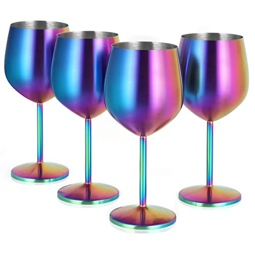 Lifecapido Stainless Steel Wine Glasses Set of 4, 18oz Colorful Stainless Steel Wine Goblets, Stemmed Metal Wine Glasses with Cup Brush for Party Office Wedding Anniversary, Great for Red White Wine - color: Colorful