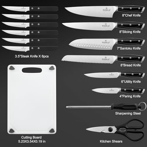 Knife Set with Block, N NOBLE FAMILY 16Pcs Kitchen Knives Drawer Organizer Set with Sharpener, Cutting Board, Anti-Slip Chef Knives Set with 6Pcs Steak Knives, Black - color: Black