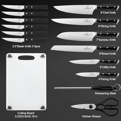Knife Set with Block, N NOBLE FAMILY 16Pcs Kitchen Knives Drawer Organizer Set with Sharpener, Cutting Board, Anti-Slip Chef Knives Set with 6Pcs Steak Knives, Black - color: Black