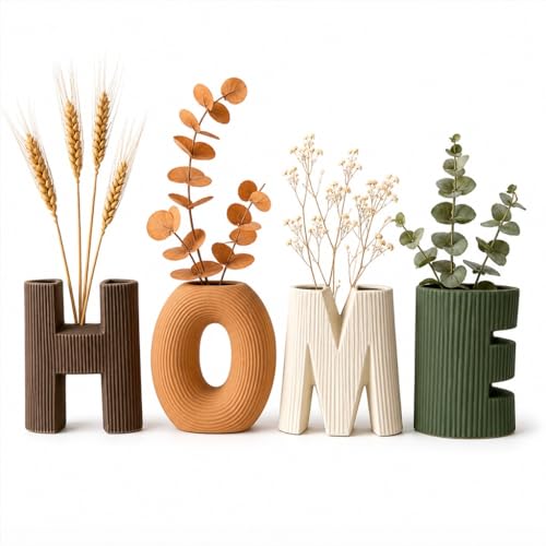 Home Sign Vases Set of 4, Ceramic Letter Flower Vases with Ribbed Texture, Modern Boho Decorative Vases for Living Room Shelf Decor, Entryway Table Centerpiece, Bookshelf, Office, Housewarming Gift