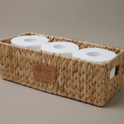Water Hyacinth Toilet Paper Basket – Long Narrow Woven Storage Basket for Toilet Tank Top, Bathroom Counter & Shelf – Handwoven, Steel-Reinforced Rim – 15" x 6.7" x 5" (Fits 3 Rolls) - size: Long: 15x6.7x5"