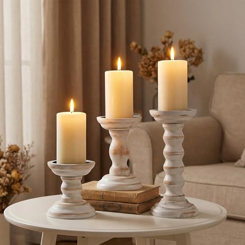 3 Pcs Wood Pillar Candle Holder Rustic White Candle Holder Set of 3 Tall Table Centerpiece Decor Wooden White Farmhouse Decorations for Fireplace Mantle