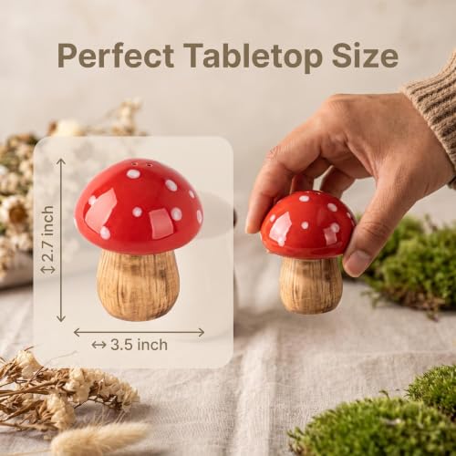 Mushroom Salt and Pepper Shakers Set Ceramic Red Toadstool Dispenser | 2-piece ceramic mushroom salt and pepper shakers with 3 and 2 top holes and silicone bottom stoppers for kitchen table decor.