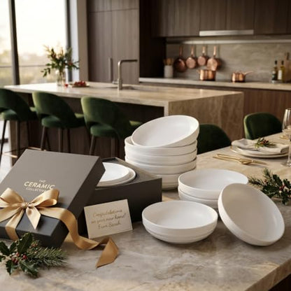 HAPPY KIT Stoneware 9'' Pasta Bowls 42oz Set of 4, Granite White - color: MatteWhite