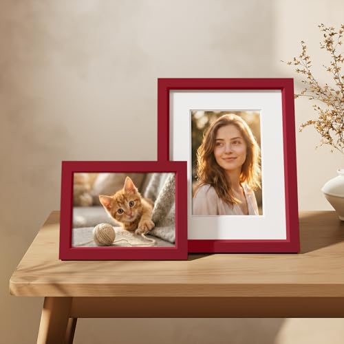 Vittanly Solid Wood 8x10 Picture Frames Set of 4, Red | 5x7 Picture Frame with Mat, Gallery Wall Frame Set, 8 x 10 Frame for Wall & Tabletop Display, Family, Pet, Christmas - color: Red, size: 8x10