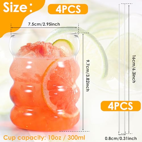 Ribbed Drinking Glass Cups with Glass Straws Set of 4, 10 oz Aesthetic Iced Coffee Glasses, Bubble Glasses Drinking Tumbler, Ribbed Glassware, Beer Glasses for Coctail, Soda, Juice | Aesthetic Clear Glass Cups with Matching Glass Straws, for Iced Coffee,