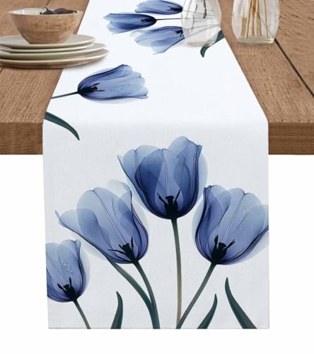 Floral Table Runner-Blue Tulip Cotton Linen-Long 72 inche Dresser Scarves,Flower Rustic Tablerunner for Kitchen Coffee/Dining Table Bedroom Home Living Room,Summer Spring Holiday Dinner Scarf Decor - color: Flowerszld2122, size: 13x72 Inch