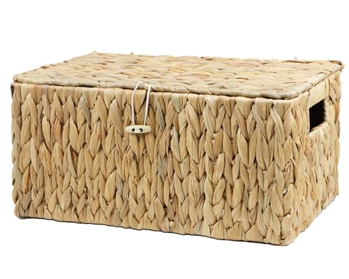 ORDELITE Water Hyacinth Wicker Storage Basket with Lid, Large | Rectangular Storage Box, Shelf Organizer Bin, Woven Home Storage, Multipurpose Design, Natural Decor - size: Large