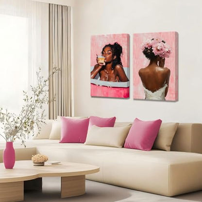Framed modern abstract African American women's wall Art (Set 2), canvas high-definition printing, Bohemian black girl bathtub coffee fashion with pink flower on her head Black woman picture, living room, bedroom, bathroom, office decoration, 16x24 inches