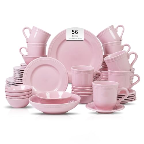 HomeVSS 56-Piece Pearl Dots Stoneware Dinnerware Set, Pink, Service for 8 | plates and bowls sets，dinnerware sets for 8,Pearl Dots Dinnerware，Microwave and Dishwasher Safe - color: Pink, size: 56pc Set