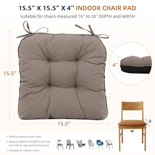 RACE LEAF Brown Chair Cushions 4 Pack, 15.5" X 15.5" Indoor Seat Cushions, Tufted Memory Foam Dining Room Chair Pads with Ties and Non-Slip Backing - color: Brown
