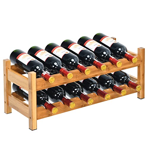 COSTWAY 12 Bottles Wine Rack, 2-Tier BambooWine Display Rack Nature | Freestanding, Rack Tabletop Wine Rack for Countertop Home Kitchen Pantry, Bar, Pantry, Cellar (24.5L x 9.5W x 10H) - color: Natural, size: 24” x 9.5” x 10” (L x W x H)