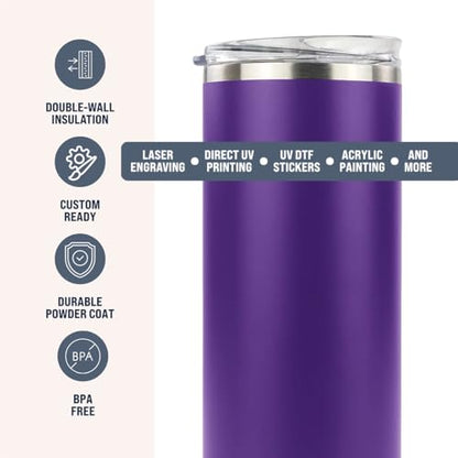 Hogg 20 oz Skinny - Purple, Powder Coated Tumblers for Laser Engraving, Engravable Tumblers Bulk, Stainless Steel Cups Bulk, Insulated Cups with Lids - color: Purple