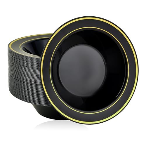 100PCS 12oz Black Disposable Plastic Soup Bowls with Gold Rim | Plastic Bowls for Christmas Thanksgiving Premium Dessert Salad Bowls for Wedding/Party/Halloween - color: Black, style: 100Count