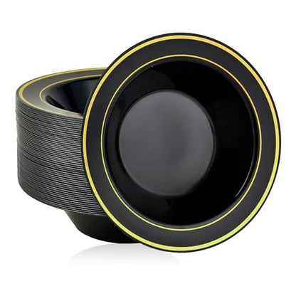 100PCS 12oz Black Disposable Plastic Soup Bowls with Gold Rim | Plastic Bowls for Christmas Thanksgiving Premium Dessert Salad Bowls for Wedding/Party/Halloween - color: Black, style: 100Count