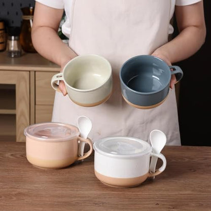 GBhome Ceramic Soup Mugs with Handles and Lids,24 OZ Soup Cups Set of 2 | Terracotta Underside,Mug Bowls with Spoon for Soup/Cereal/Salad/Noodles/Ramen/Microware &Dishwasher Safe-White &Peach - color: White &Peach
