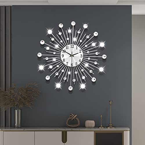 Large Decorative Wall Clock for Living Room Decor Silver Metal Crystal Modern Starburst Wall Clock 20 Inch Big Silent Quartz Clock Battery Operated Non Ticking for Kitchen Office Bedroom - color: Silver