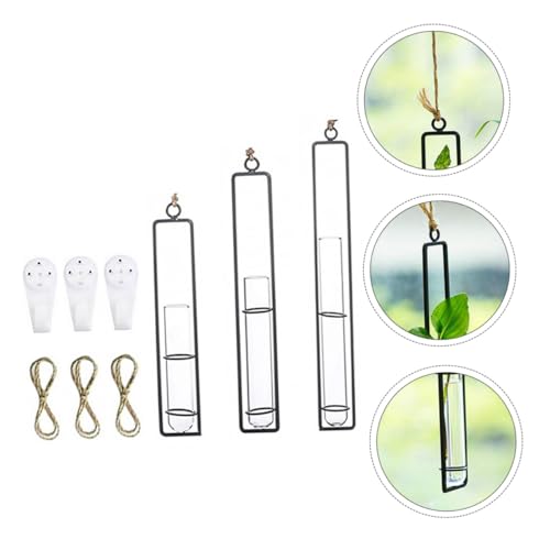 CALLARON 3 Kits Hanging Hydroponic Test Tube Vase Set with Iron Frame, Glass Plant Propagation Containers, Wall-mounted Flower Holders for Indoor and Garden Decoration
