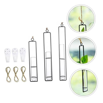 CALLARON 3 Kits Hanging Hydroponic Test Tube Vase Set with Iron Frame, Glass Plant Propagation Containers, Wall-mounted Flower Holders for Indoor and Garden Decoration