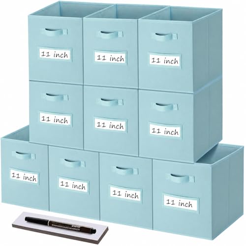 Storage Bins,11" Cube Storage Bin with Labels,10pcs,Sky Blue | Fabric Storage Cubes for Shelves,11 Inch storage cube bins with 10 Labels Window Cards & a Pen. - color: Sky Blue, size: 11"
