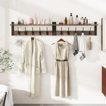 47.2" Coat Rack Wall Mount with Shelf and 10 Hooks, Silver Gray UHWS004Y-2 | 2 Pack Coat Hooks Wall Mount, Wood Wall Mounted Coat Rack with Hooks, Coat Hanger Wall Mount, Wall Hooks for Hanging - color: Silver Gray