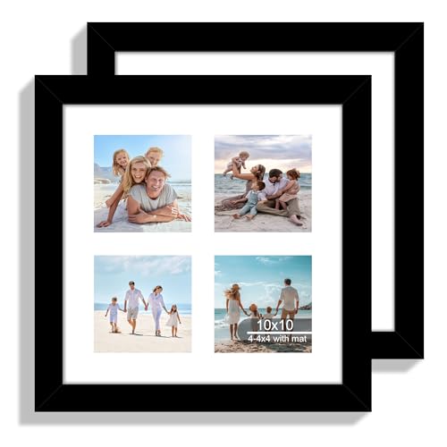 Hongkee 10x10 Picture Frame Set of 2, Real Glass and Black Collage Frame, Display Pictures Four Opening 4x4 With Mat or 10 x 10 Without Mat for Wall Hanging or Tabletop - color: Black, size: 10x10 in matted to 4-4x4