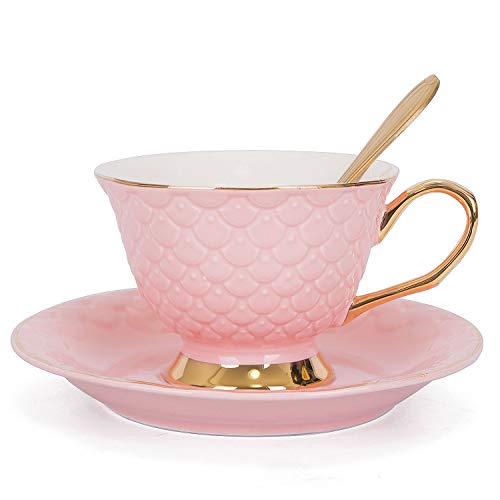 VanEnjoy Pink Vintage 8 Ounces Porcelain Coffee Cup,Tea Cup and Saucer Set and Saucer with Decorative Scale Pattern, Vintage - color: Pink
