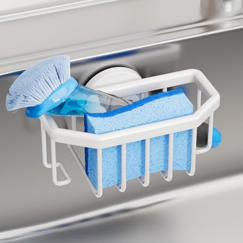 TAILI Sink Caddy with Strong Suction Cup, Sponge Holder for Sink-White | for Kitchen Sink Organizer, Removable Sponge Caddy Inside Sink, Rustproof Aluminum Holder for Sponges, Brushes, Scrubber - color: White, size: 6.1" x 3.5"