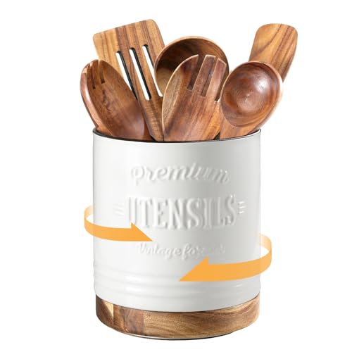 DOWAN 360° Rotating Extra Large Cooking Utensil Holder, 7.6" Kitchen Utensil Holder for Countertop, Utensil Crock for Farmhouse Kitchen Decor, Ceramic Stable Utensil Caddy, White Text - color: White Text