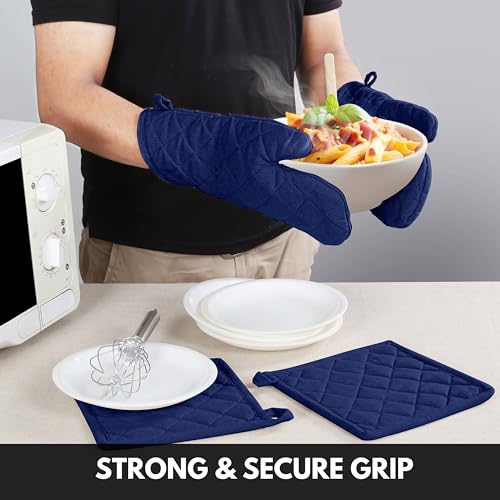 Oven Mitt (7"x13") & Pot Holder (8"x8") 100% Cotton Set of Heat Resistant Oven Gloves & Hot Pads for Gifts, BBQ, Cooking, Baking, Thanksgiving - Indigo Blue - color: Indigo Blue