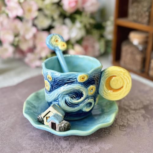 Ceramic Starry Sky Coffee Mug and Saucer set with Spoon,3D Handmade and Hand-painted Tea Mug, 6OZ