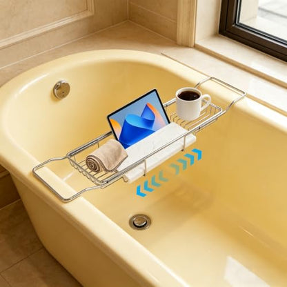 Expandable Bathtub Tray, Stainless Steel Bath Caddy with Marble Board, Adjustable 26.8-35.4 Inch Bathtub Shelf for Bathroom Spa