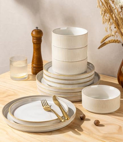 GBHOME Stoneware Dinnerware Sets for 4, 12 Pieces Plates and Bowls Set | Lightweight Ceramic Ribbed Dishes,Reactive Glaze Stackable Plate Set,Scratch Resistant,Microwave Dishwasher Safe,VanillaLatte - color: Vanilla Latte