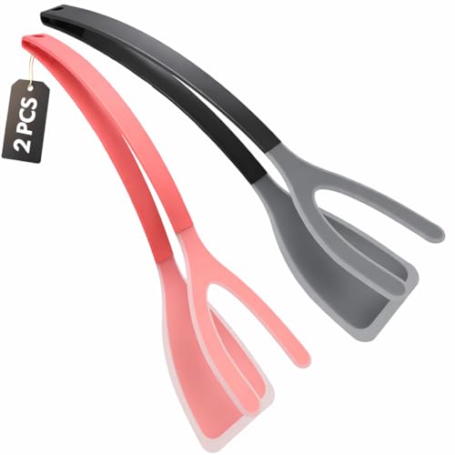 Silicone Spatula Tongs Set of 2 – Heat Resistant 2-in-1 Grip & Flip Non-Stick Cooking Tongs for Pancakes, Eggs, Fish & More – Silicone Kitchen Tool Set (Black & Red)