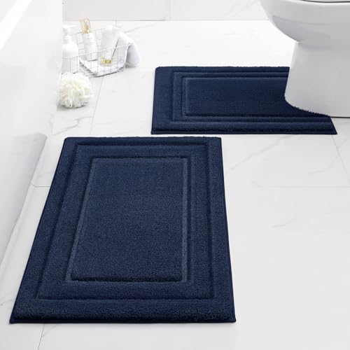 HOMEIDEAS Bathroom Rugs Sets 2 Piece, Super Soft and Absorbent Non Slip Microfiber U-Shaped Toilet Bath Mat Set (20"x32"+U20 x24, Navy Blue) - color: Loop- Navy Blue, size: 1'8" x 2'8" (20"x32"+U Shape 20"x24")