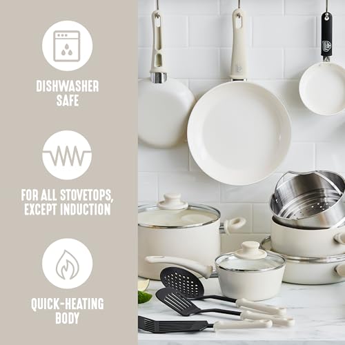 GreenLife 16 Piece Ceramic Nonstick Pots & Pans Cookware Set, Cream | PFAS-Free Nonstick Coating, Stockpot, Frying Pans, Saucepans, Sauté Pan, Stay-Cool Handles, Dishwasher & Oven Safe up to 350F - color: Cream, style: Soft Grip