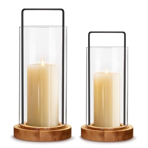 Houmury Set of 2 Hurricane Candle Holders Lantern 12” & 10”with Wood Base Metal Handle Glass Cylinder Modern Farmhouse Decor for Home Decoration, Table Centerpieces (Warm Amber Brown) - color: Warm Amber Brown