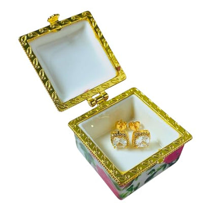 Tiny Square Porcelain Trinket Box | Pink Tea Roses | French Style Gift Box with Velvet Bag - style: Pink Tea Roses Square