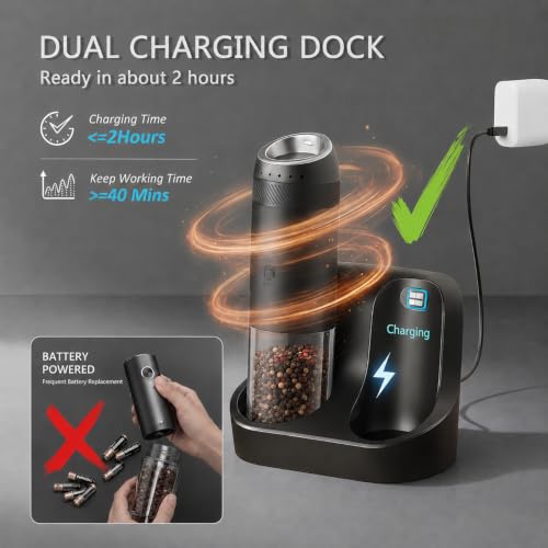 Gravity Electric Salt and Pepper Grinder Set, Rechargeable Automatic Mills with Charging Base, 6-Level Adjustable Coarseness, LED Light, Matte Black, 2-Pack