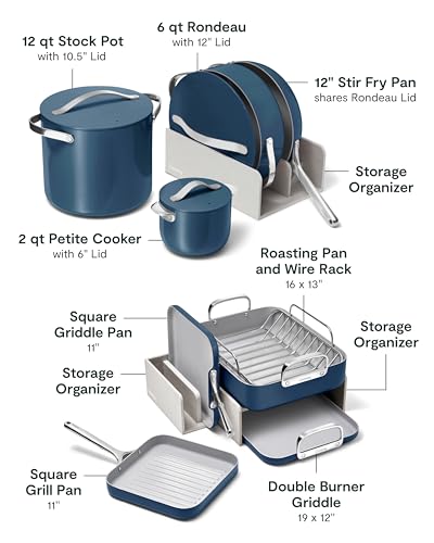 Caraway 31-Piece Non-Stick Ceramic Cookware Bundle | Fry Pans, Saucepans, Sauté Pan, Dutch Oven, Petite Cooker, Stir Fry, Rondeau, Stock Pot, Grill and Griddle Pans, Navy - size: 31pc Set