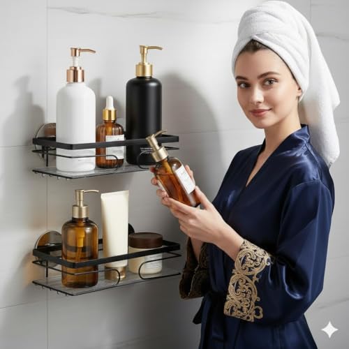 2-Pack Adhesive Shower Caddy, No-Drill Corner Shower Shelves for Bathroom | Wall-Mounted Small Storage Organizer for Shampoo, Soap & Toiletries - style: RECTANGLE