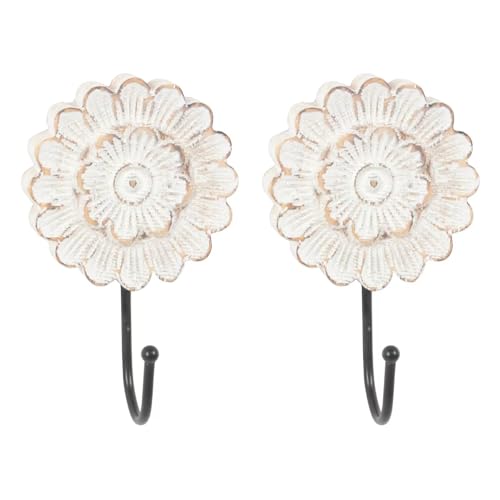 Distress Wood Flower Coat Hooks for Wall Hanging, Single Small Vintage Decorative Hanger for Keys, Bags, Towels (Long Hanger S/2) - style: Long Hanger S/2