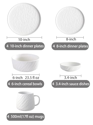 AOSIFIEL Ceramic Dinnerware set with Mugs for 4, 20 pcs, Dish set for 4, Porcelain Plates and Bowls Sets, White Dishware Sets Stoneware Dinner Plates Sets Platos de Cocina Vajilla - color: White Rock-Textured with Mug（20pcs）